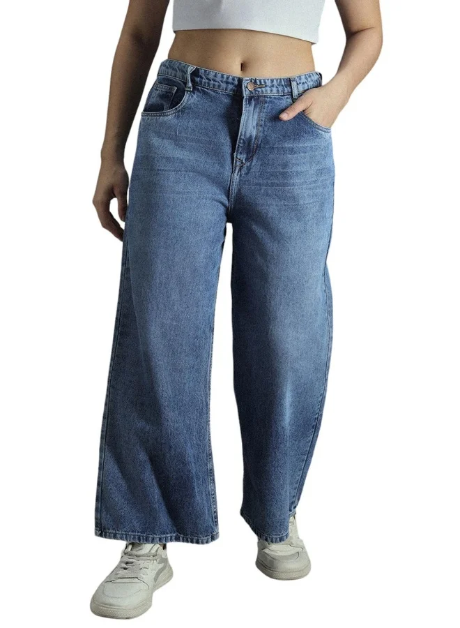 HIGH STAR Women's Indigo 100% Cotton Bleached Full Length Baggy Jeans