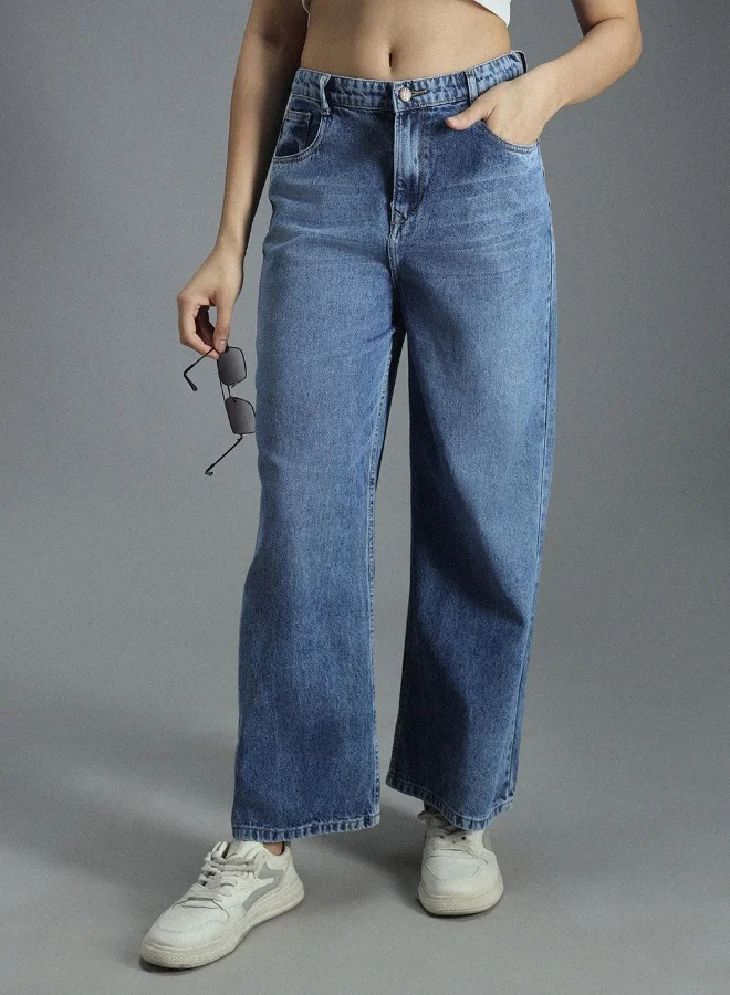 HIGH STAR Women's Indigo 100% Cotton Bleached Full Length Baggy Jeans