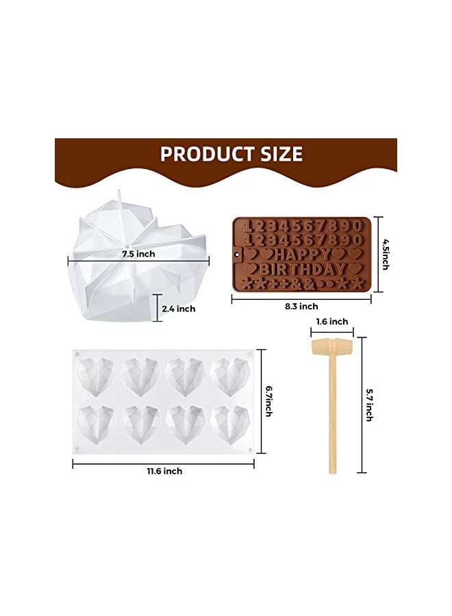 S-TOP 6 Pieces Diamond Heart Silicone Mold, 8.7 Inch Heart Shape Mold 8 Cavities Chocolate Cake Molds 2 Pieces Silicone Letter Number Molds and 2 Pieces Hammers for DIY Candy Mousse Cake Tools - Image 2