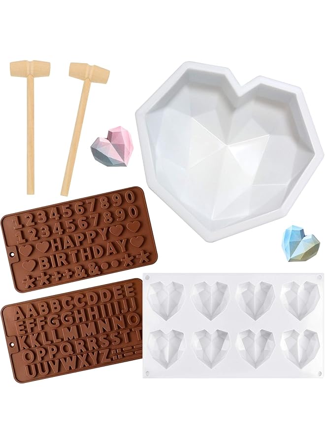 S-TOP 6 Pieces Diamond Heart Silicone Mold, 8.7 Inch Heart Shape Mold 8 Cavities Chocolate Cake Molds 2 Pieces Silicone Letter Number Molds and 2 Pieces Hammers for DIY Candy Mousse Cake Tools - Image 1
