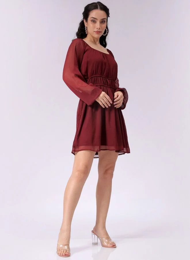 Freehand  Women Fit and Flared Solid Sweetheart Neck Long Sleeve Mini Dress for Women | Best Price UAE