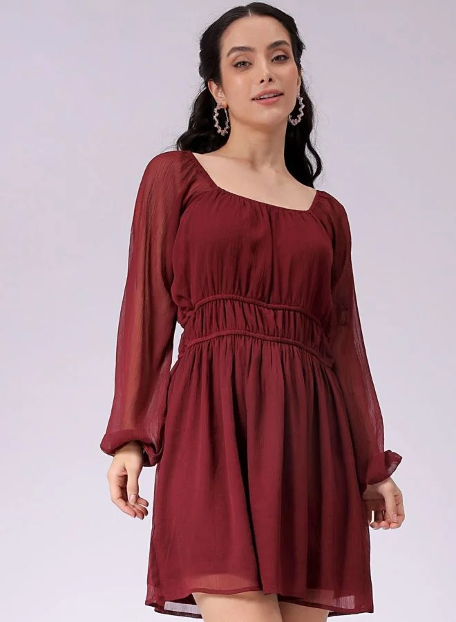 Women Fit and Flared Solid Sweetheart Neck Long Sleeve Mini Dress