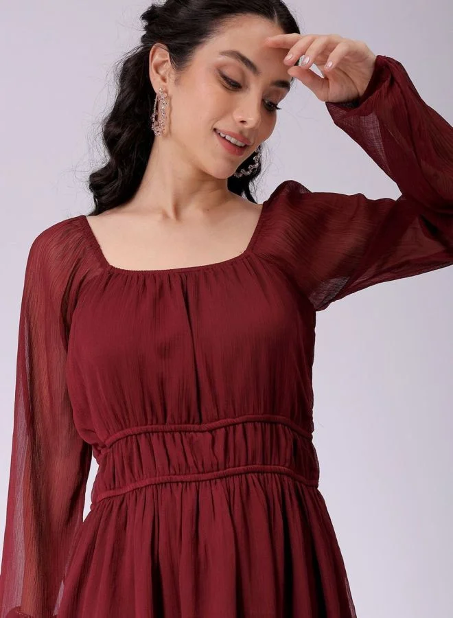 Freehand  Women Fit and Flared Solid Sweetheart Neck Long Sleeve Mini Dress for Women | Best Price UAE