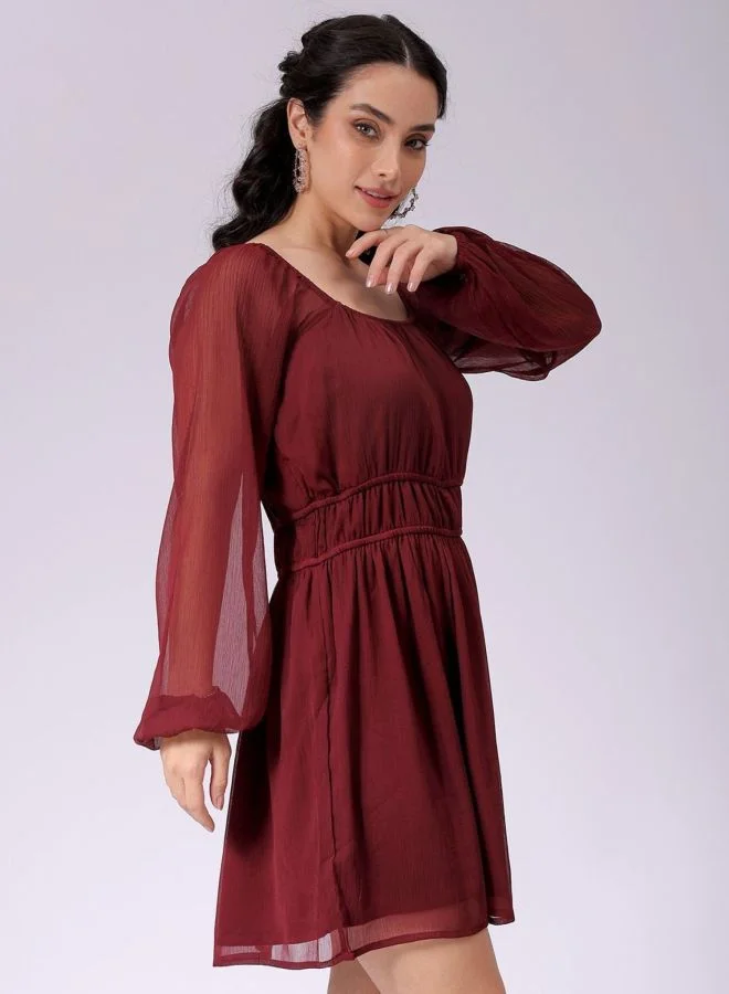 Freehand  Women Fit and Flared Solid Sweetheart Neck Long Sleeve Mini Dress for Women | Best Price UAE