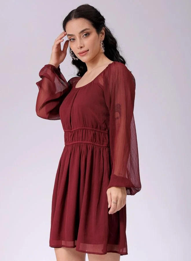 Freehand  Women Fit and Flared Solid Sweetheart Neck Long Sleeve Mini Dress for Women | Best Price UAE