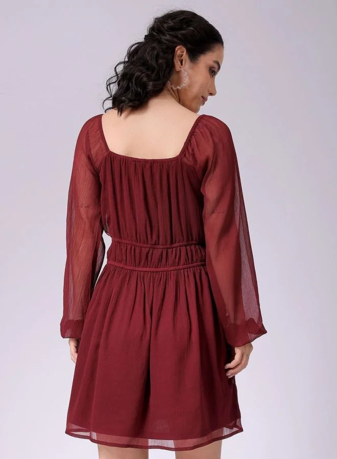 Freehand  Women Fit and Flared Solid Sweetheart Neck Long Sleeve Mini Dress for Women | Best Price UAE