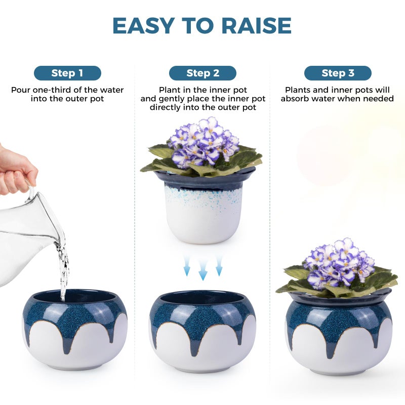 BUYMAX African Violet Pots, 6 inch Ceramic Easy Self Watering Plant Pot for Busy Plant Lovers, Automatically Absorb Appropriate Amount of Water, Flower Pot Indoor-Plants Not Included(Blue) - Image 5