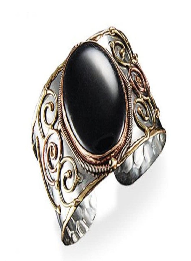 Anju Adjustable Cuff with Stainless Steel Base, Brass, Copper, and Black Onyx Stone for Women CopperBrass