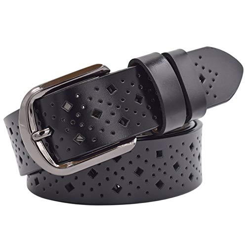 VONSELY Hollow Leather Belts for Women, Soft Leather Womens Belts with Pin Buckle (1.3inch Wide Black) - Image 1