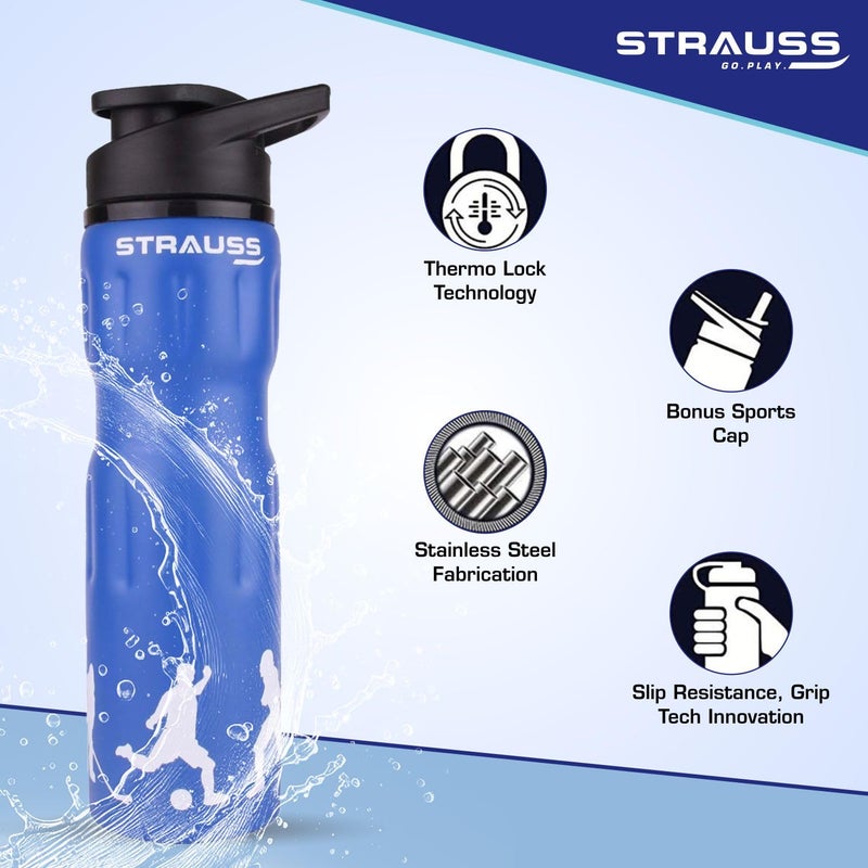 STRAUSS زجاجة ماء من الفولاذ المقاوم للصدأ، 750 مل | 100% مانعة للتسرب | صديقة للبيئة وخالية من BPA | زجاجة ماء للجيم، المنزل، التنزه، الرحلات والسفر | مثالية للبنات، الأولاد والأطفال، (أزرق) - Image 2