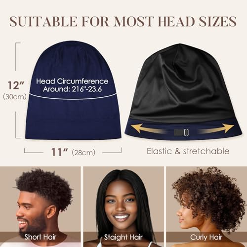 LULUSILK Mulberry Silk Lined Sleep Cap, No More Frizzy Tangled Hair, Stay On All Night Adjustable Silk Hair Wrap for Sleeping, Navy Blue, Pack of 1 - Image 5