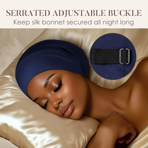 LULUSILK Mulberry Silk Lined Sleep Cap, No More Frizzy Tangled Hair, Stay On All Night Adjustable Silk Hair Wrap for Sleeping, Navy Blue, Pack of 1 - Image 4