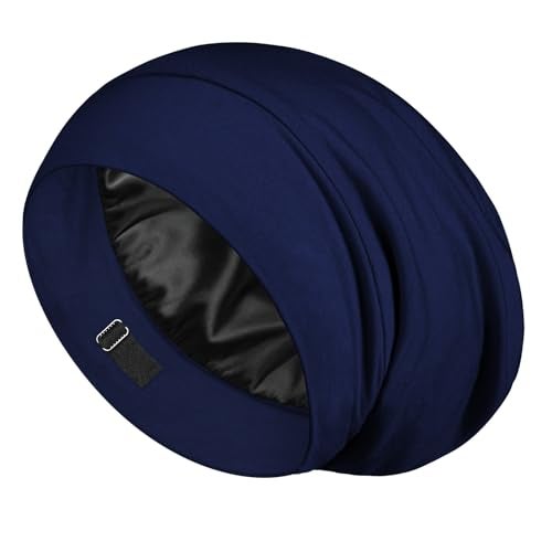 LULUSILK Mulberry Silk Lined Sleep Cap, No More Frizzy Tangled Hair, Stay On All Night Adjustable Silk Hair Wrap for Sleeping, Navy Blue, Pack of 1 - Image 1
