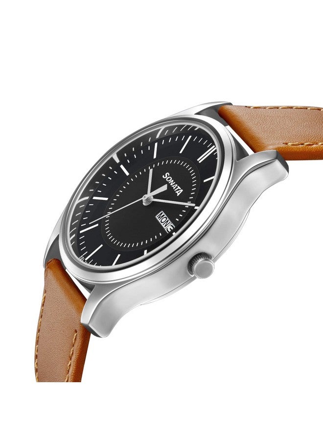سوناتا ساعة سوناتا كوارتز أنالوج مع مينا سوداء وسوار جلدي للرجال - NS77082SL08W - Image 3