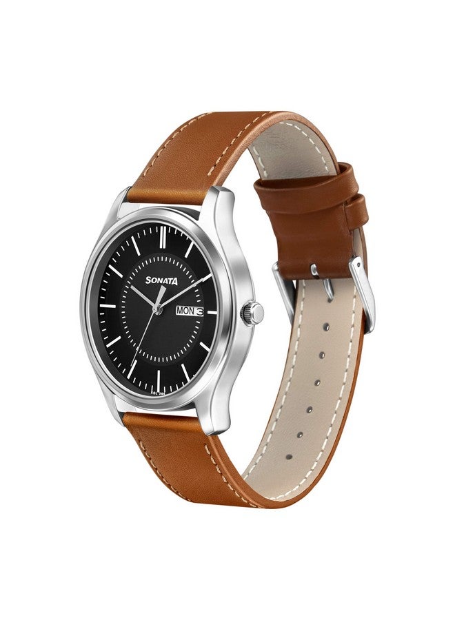 سوناتا ساعة سوناتا كوارتز أنالوج مع مينا سوداء وسوار جلدي للرجال - NS77082SL08W - Image 2