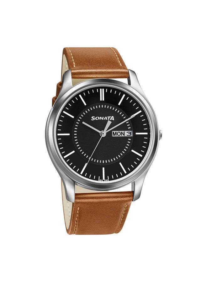 سوناتا ساعة سوناتا كوارتز أنالوج مع مينا سوداء وسوار جلدي للرجال - NS77082SL08W - Image 1