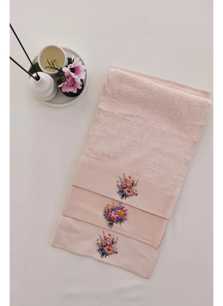 Sevim 3-Piece Kitchen Towel Set - Salmon Bamboo Hand Towel Set - Extra Soft - 30 x 50 cm - Flower Garden