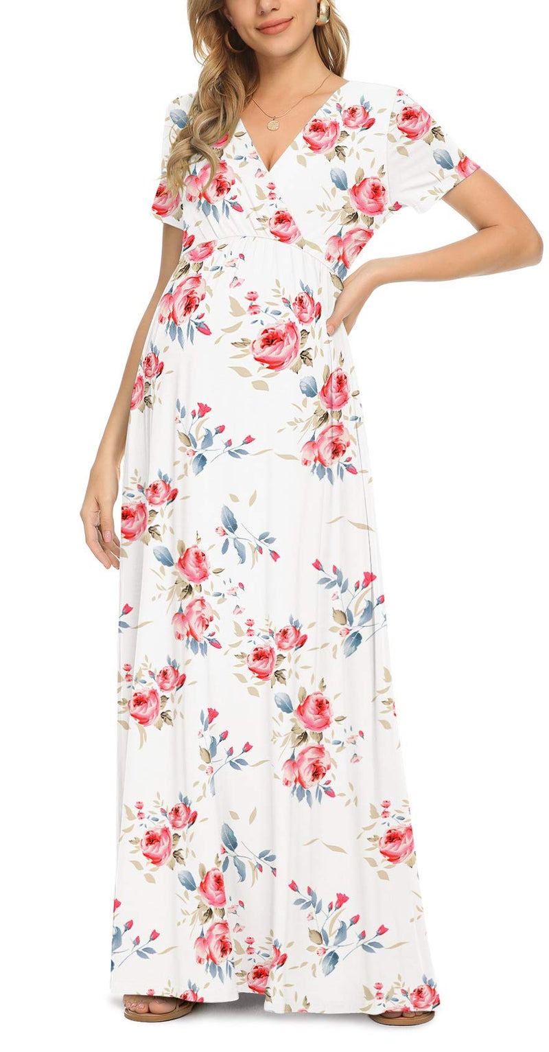 Xpenyo Women's Floral Maternity Dresses Summer Casual Short Sleeve V Neck Wrap Long Maxi Dress Pregnancy Clothes for Baby Shower, Photoshoot, Party, Daily, Nursing, Rose Flower White S - Image 1