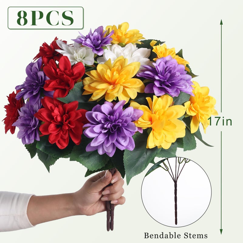 VIERENA 8 Bundles Artificial Dahlia Flowers for Outdoors Spring Summer Decor, No Fade Silk Flower Faux Dahlias Plant Arrangement for Home Garden Balcony Farmhouseï¼ˆMixed Colorï¼‰ - Image 5