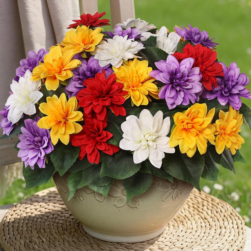 VIERENA 8 Bundles Artificial Dahlia Flowers for Outdoors Spring Summer Decor, No Fade Silk Flower Faux Dahlias Plant Arrangement for Home Garden Balcony Farmhouseï¼ˆMixed Colorï¼‰ - Image 1