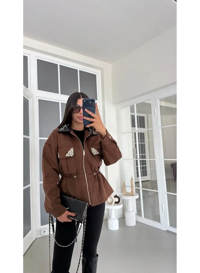 Gaus Coffee Leather Collared Coat with Stone Detail, Waist Darts, Lined Suede Jacket GAUS-01967.