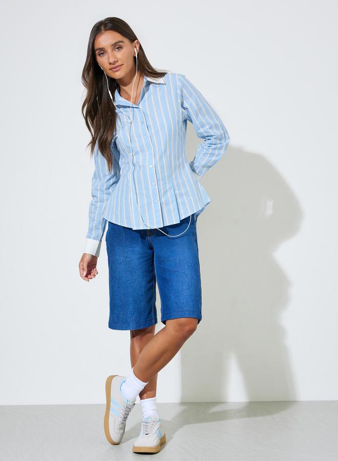 Styli Blue Striped Contrast Trims Pleated Details Fitted Shirt - Image 2