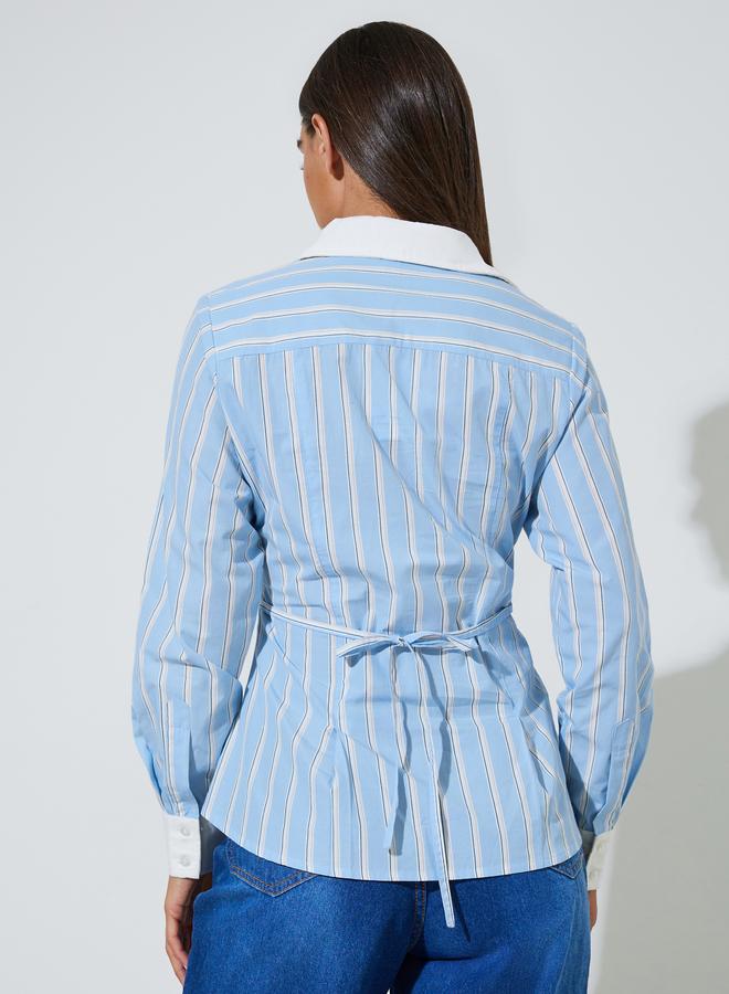 Styli Blue Striped Contrast Trims Pleated Details Fitted Shirt - Image 4