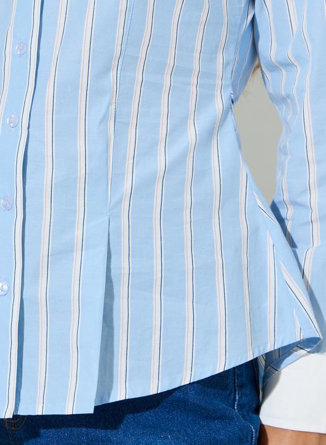 Styli Blue Striped Contrast Trims Pleated Details Fitted Shirt - Image 3