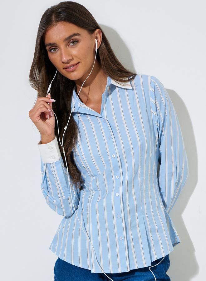 Styli Blue Striped Contrast Trims Pleated Details Fitted Shirt - Image 1