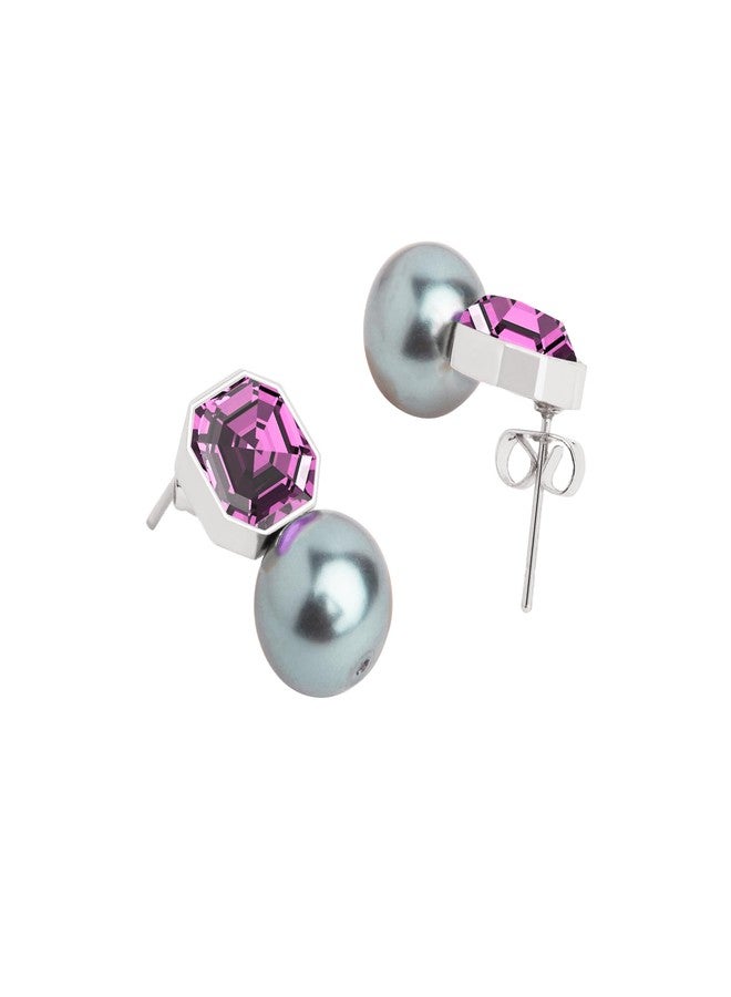 MINUTIAE Purple Amethyst Tourmaline With Grey Pearl Ear Tops Stud Earring for Women and Girls(White Gold Plated) - Image 2