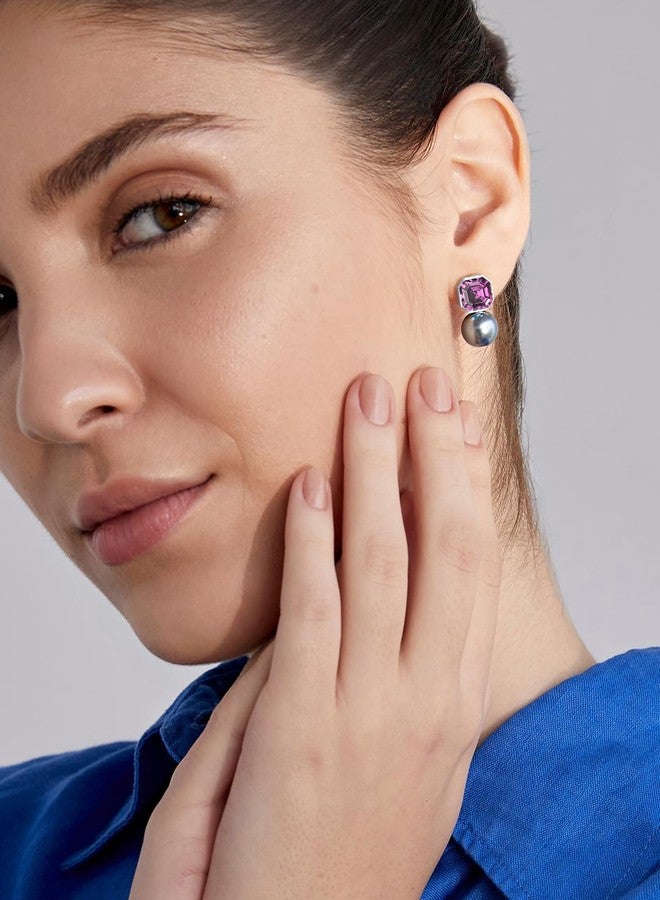MINUTIAE Purple Amethyst Tourmaline With Grey Pearl Ear Tops Stud Earring for Women and Girls(White Gold Plated) - Image 4