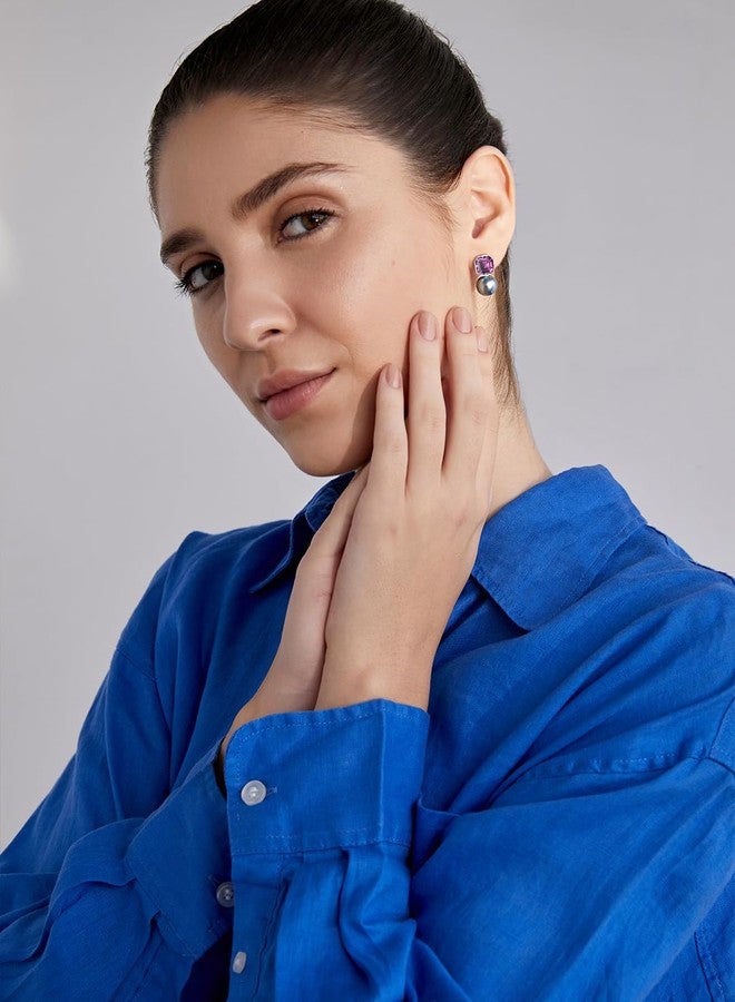 MINUTIAE Purple Amethyst Tourmaline With Grey Pearl Ear Tops Stud Earring for Women and Girls(White Gold Plated) - Image 3