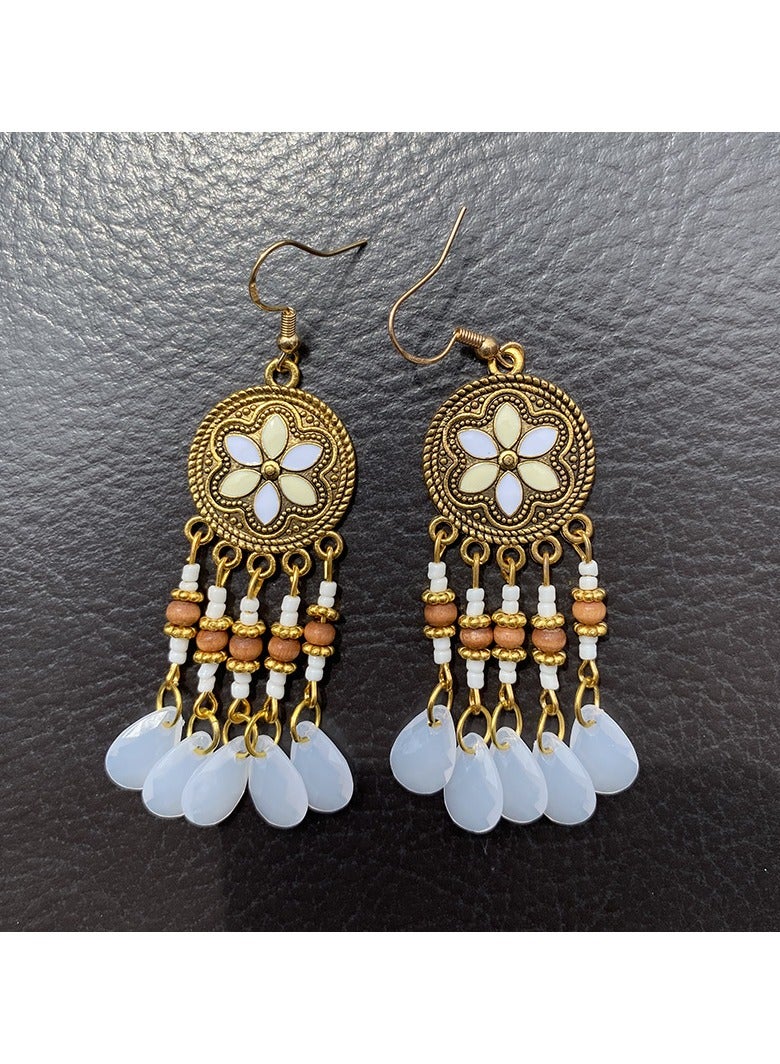 White Ethnic Long Tassel Earrings 