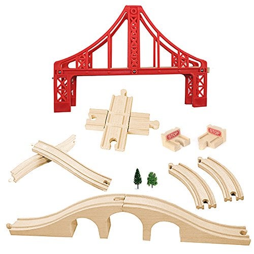 OrgMemory Wooden Train Bridges, Crossing Track Bridge, Wooden Train Track Accessories, Wood Train Tracks, Train Tracks Compatible with All Major Brands, Wood Toys for Girls & Boys - Image 1