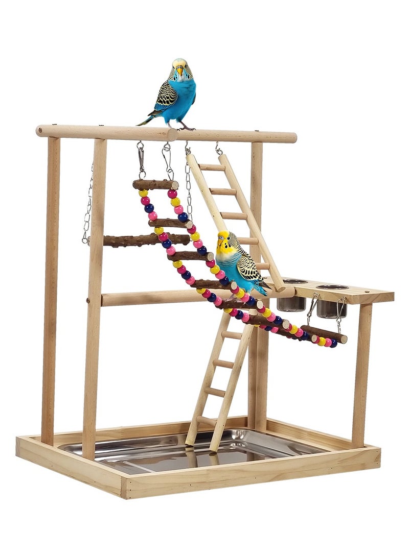 MAJIBAO Wooden bird stand, Interactive bird play stand with Swinging perch, Feeding cups, Climbing ladders, Removable tray, and Anti-slip bottom, Ideal for small to medium-sized birds 54 cm (Beige) - Image 1