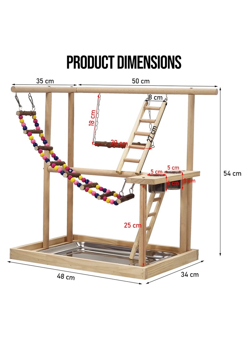 MAJIBAO Wooden bird stand, Interactive bird play stand with Swinging perch, Feeding cups, Climbing ladders, Removable tray, and Anti-slip bottom, Ideal for small to medium-sized birds 54 cm (Beige) - Image 2