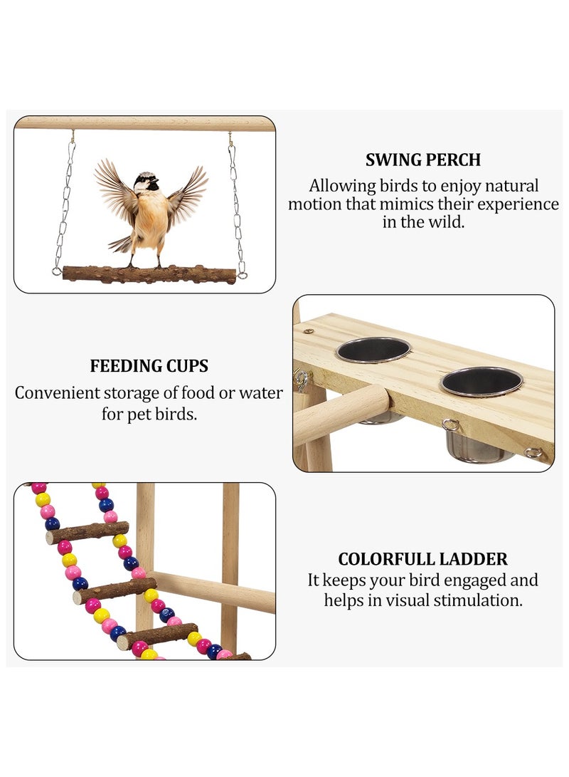 MAJIBAO Wooden bird stand, Interactive bird play stand with Swinging perch, Feeding cups, Climbing ladders, Removable tray, and Anti-slip bottom, Ideal for small to medium-sized birds 54 cm (Beige) - Image 3