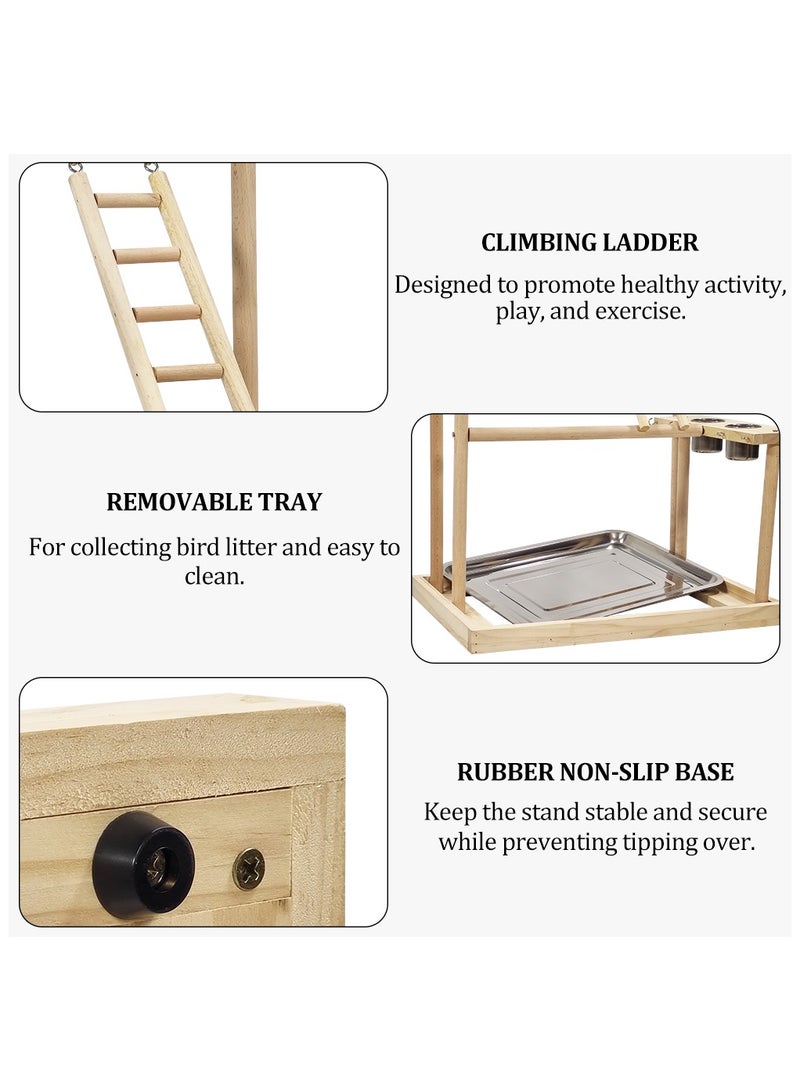 MAJIBAO Wooden bird stand, Interactive bird play stand with Swinging perch, Feeding cups, Climbing ladders, Removable tray, and Anti-slip bottom, Ideal for small to medium-sized birds 54 cm (Beige) - Image 4