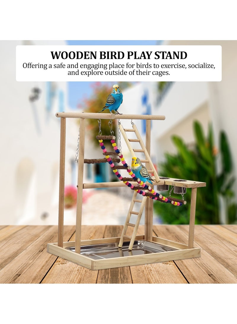 MAJIBAO Wooden bird stand, Interactive bird play stand with Swinging perch, Feeding cups, Climbing ladders, Removable tray, and Anti-slip bottom, Ideal for small to medium-sized birds 54 cm (Beige) - Image 5
