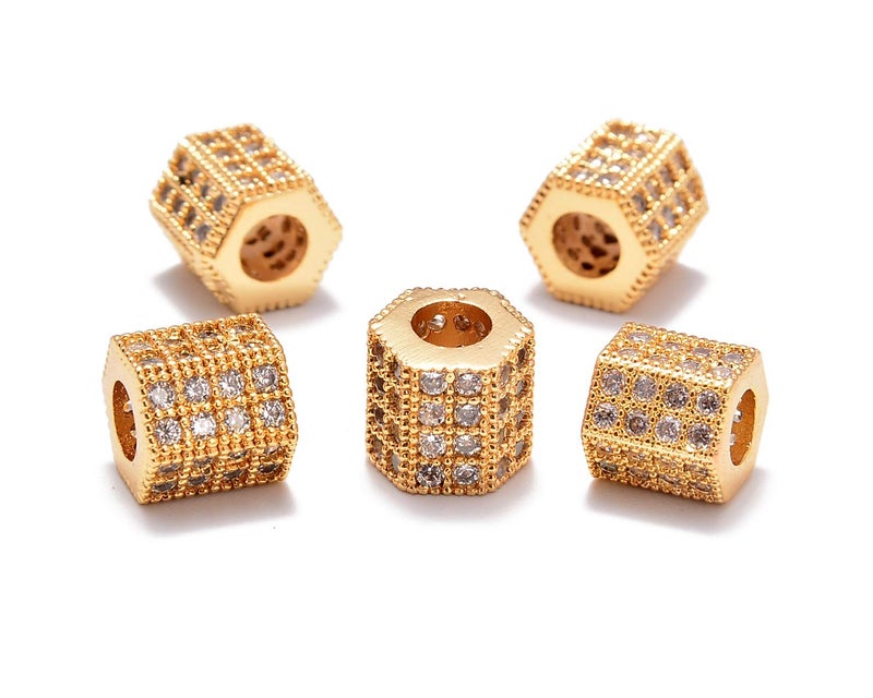 AD Beads Zircon Pave Rhinestones Big Hole Hexagon Spacer Beads 7x8mm 5Pcs Clear on Gold