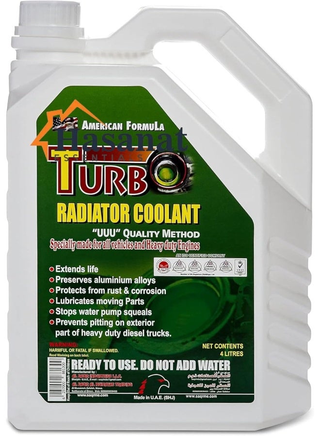 Turbo Hasanat Essentials Turbo Radiator Coolant Green/Red 4 Ltr High Performance Antifreeze Engine Cooling Corrosion Protection Vehicles All Weather Formula - Image 1