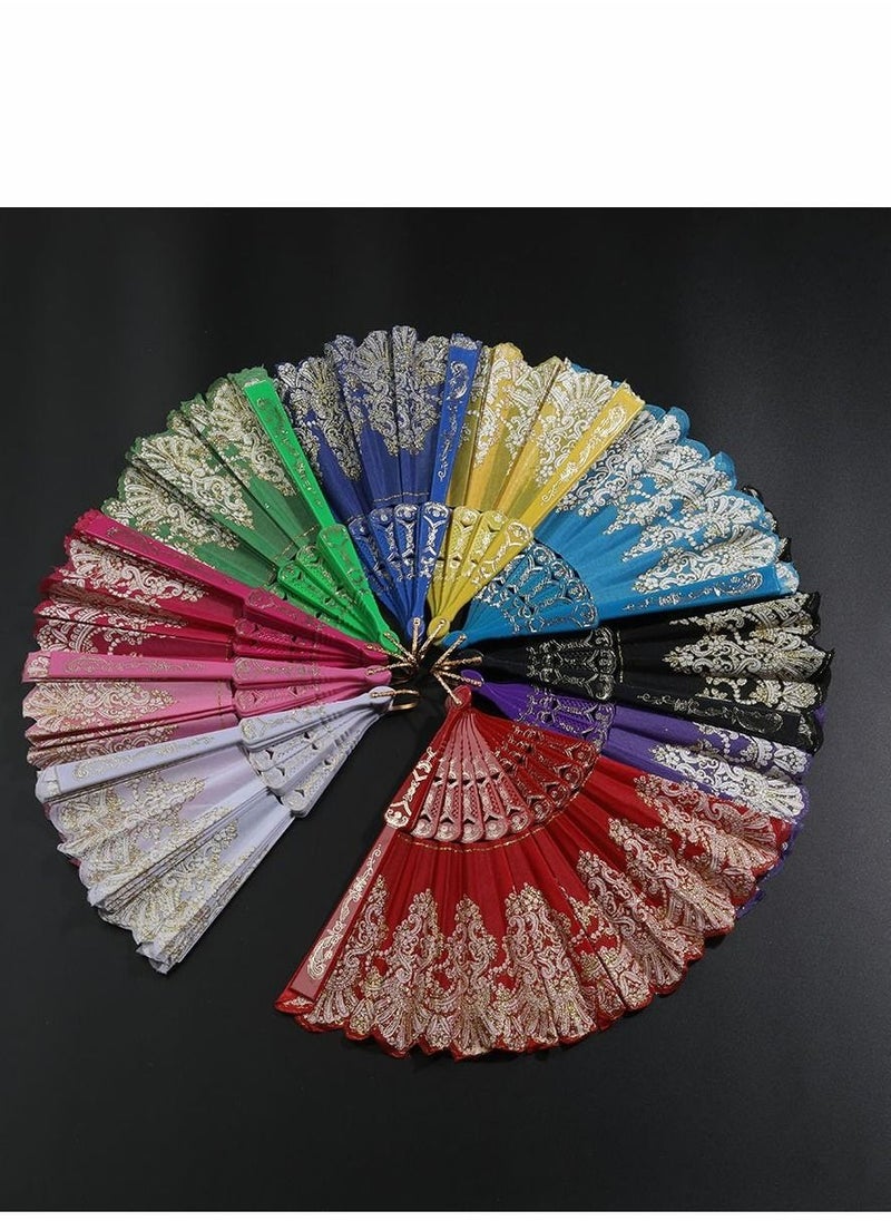 Generic Vintage Folding Hand Fan,  Gold Decoration Handheld Folding Fan Fabric Folding Fan for Wedding Dancing Party 6pcs  - Image 5