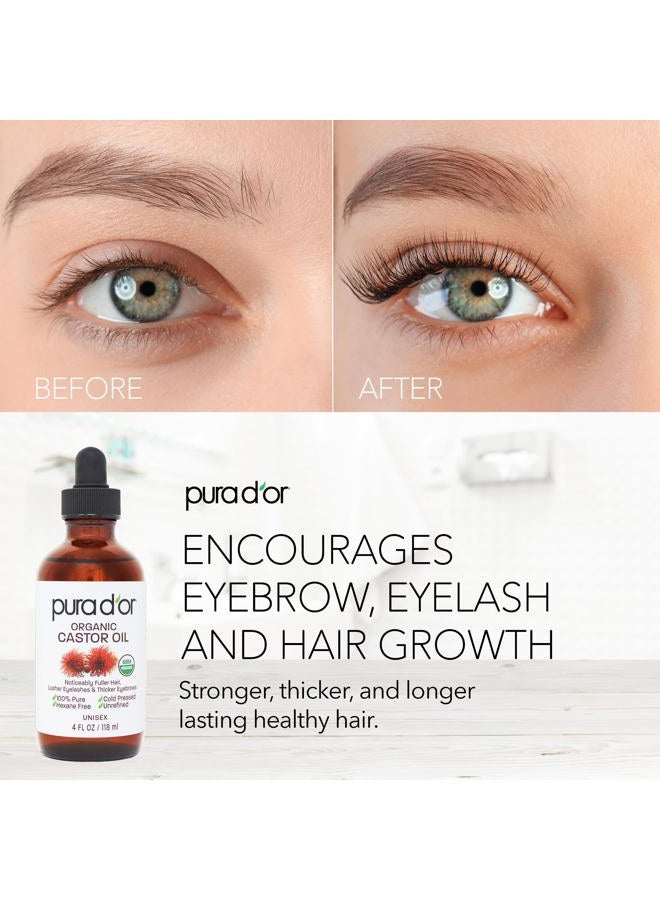 Pura d'or 4 Oz ORGANIC Castor Oil - 100% Pure USDA Certified Cold Pressed, Hexane Free Eyelash & Eyebrow Serum - For Fuller, Thicker Lashes & Brows - Skin & Hair  - Image 3