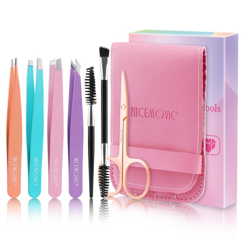 NICEMOVIC 7 Pcs Tweezers for Women Facial Hair, Tweezers Set for Eyebrows, Easter Basket Stuffers for Women Teen Girls, Eyebrow Kit, Mother's Day Gifts, Christmas Stocking Stuffers for Teens Girls - Image 1