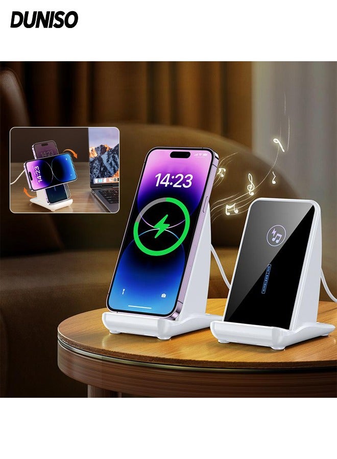 DUNISO Portable Mobile Stand with Bluetooth speaker, Wireless Fast Charging, Small Size, Magnetic Attraction, Anti Slip, Suitable for Various Mobile Phones, White - Image 1