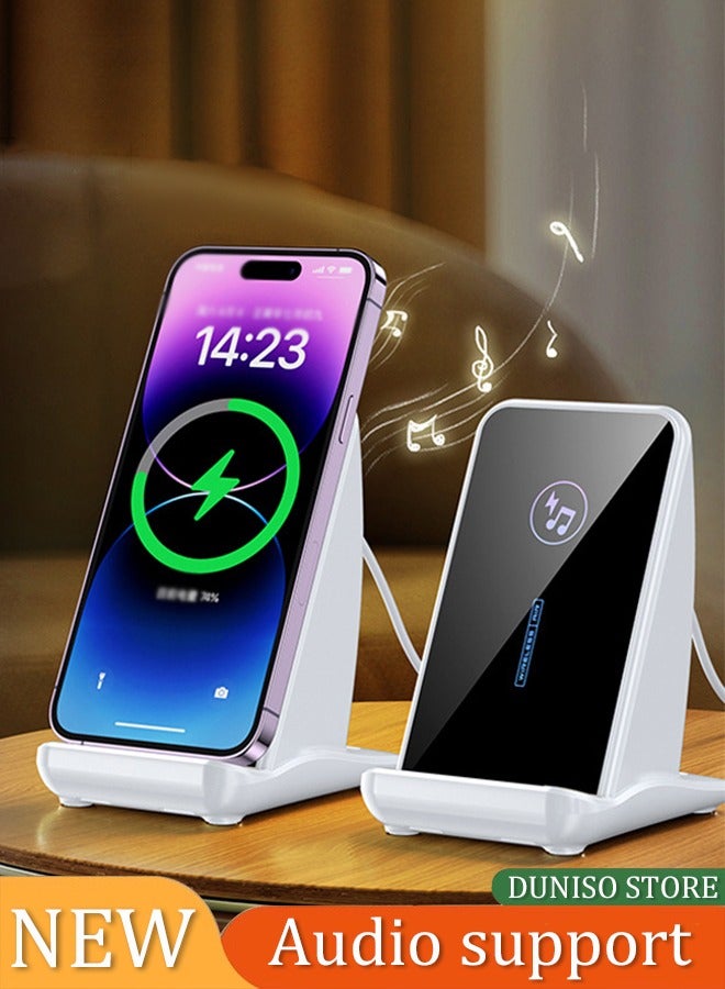 DUNISO Mobile phone holder with Bluetooth speaker, wireless fast charging portable holder, small size, magnetic attraction, anti slip, suitable for various mobile phones, white  - Image 1