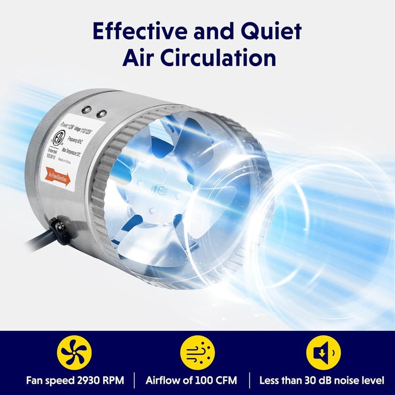 I-Power 4 Inch 100 CFM Inline Duct Fan with Low Noise, Exhaust Booster for HVAC Ventilation in Grow Tent, Basements, Bathrooms and Kitchens, Grey - Image 3