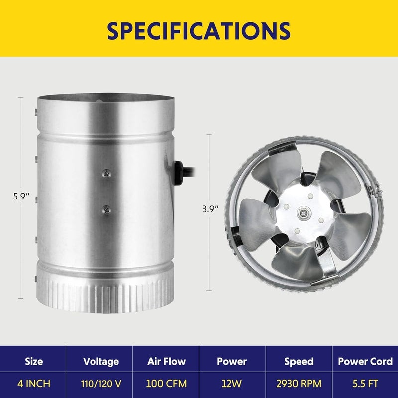 I-Power 4 Inch 100 CFM Inline Duct Fan with Low Noise, Exhaust Booster for HVAC Ventilation in Grow Tent, Basements, Bathrooms and Kitchens, Grey - Image 4