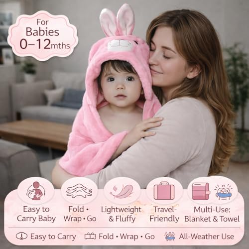 BRANDONN Ultra Soft Organic Premium Bathrobe Bath Gown for Babies Baby Bath Towel(Pink Rabbit, 0-12 Months, L 82 cm x B 82 cm) - Image 2