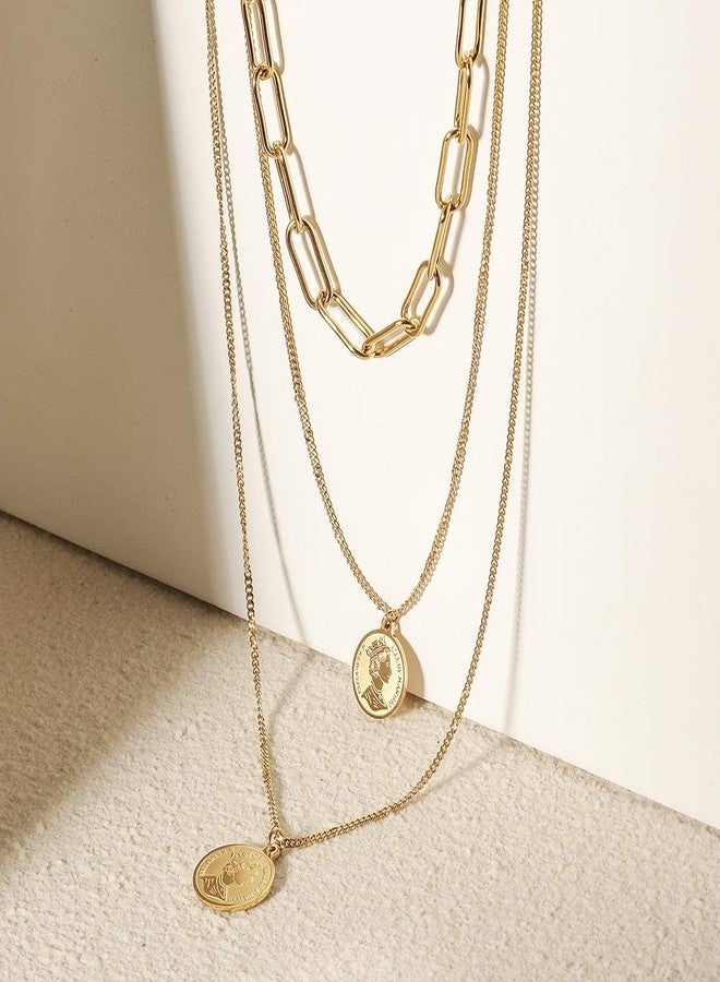 Jinbaoying Gold Coin Necklace for Women Vintage Carved Coin Pendant Necklace 14K Gold Plated Chain Choker Queen Elizabeth Round Pendant Gold Layered Necklace for Women (Gold Layered Necklaces) - Image 3
